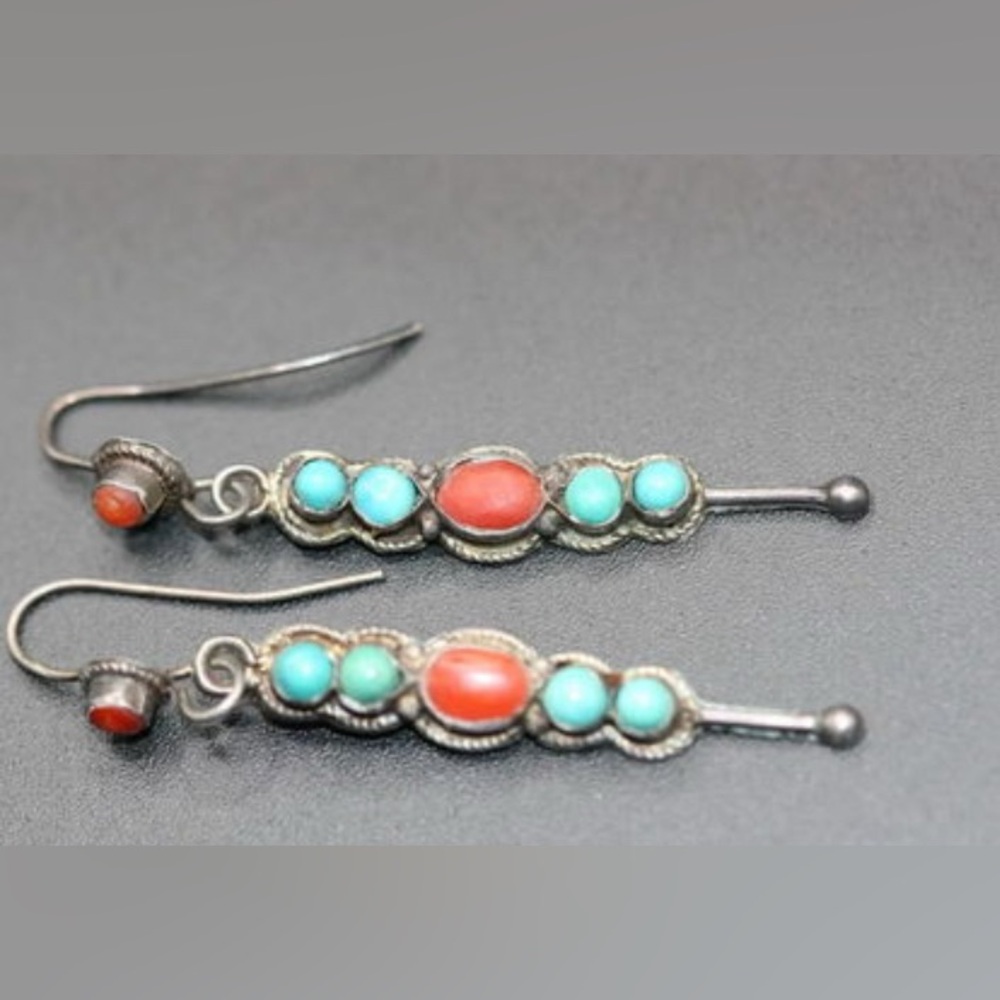 Vintage Coral Turquoise Navajo Sterling Silver Earrings